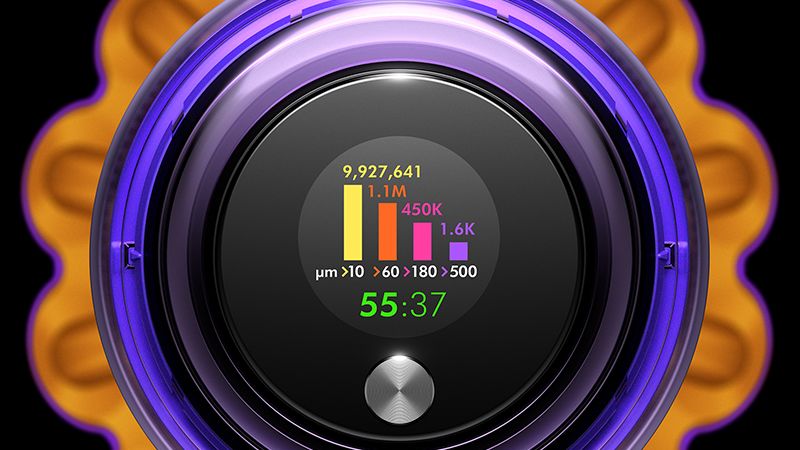 Dyson v15 detect absolute cordless vacuum sv47 16 LCD screen showing counts of different sized particles